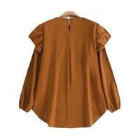 Solid Color Long Sleeve Loose Lotus Leaf Round Neck Top Shirt