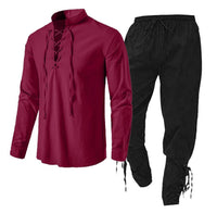 Men's Long Sleeve Linen Cotton Shirt Casual Solid Color Two-Piece Set