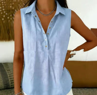 Womens Loose Comfortable Collared Sleeveless Solid-Color Shirt