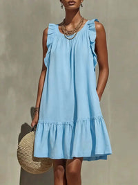 New Stylish Casual Loose Round-Neck Sleeveless Ruffle-Trim Dress