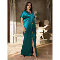 Satin Split Maxi Dress With Three-dimensional Floral Embellishments And Short Sleeves