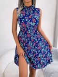 Women  Elegant Ruffle Trim Floral Print Tie Waist Pleated Dress