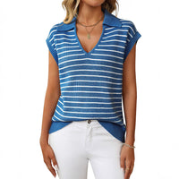 Women's V-neck Knitted Top Casual Striped Collar Sweater
