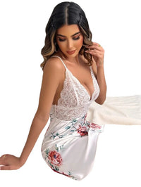 Underwear Elastic Satin Suspender Nightdress Lace Splicing