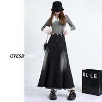 Black Denim Skirt Women's Irregular Mid-length A- Line Version Burrs Slimming