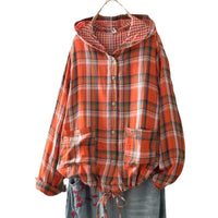 New Korean-style Oversized Artistic Retro Casual Plaid Cotton-linen Double-layer Shirt With A Hood