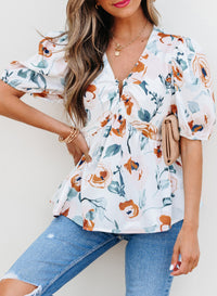 Green Floral Print Puff Sleeve V Neck Babydoll Blouse
