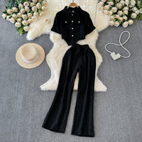 Womens Wide-leg Pants And Slim-fit Single-breasted Top Two-piece Set