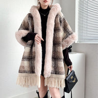 Women's Fleece Lined Padded Warm Keeping Mid-length Tassel Cape And Shawl