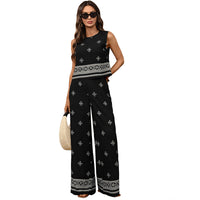 Retro Resort-Style Two-Piece Set In Black With Ethnic Geometric Print For Women