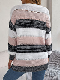 Women Casual Color Block Stripe Lantern Sleeve Cardigan Sweater Coat
