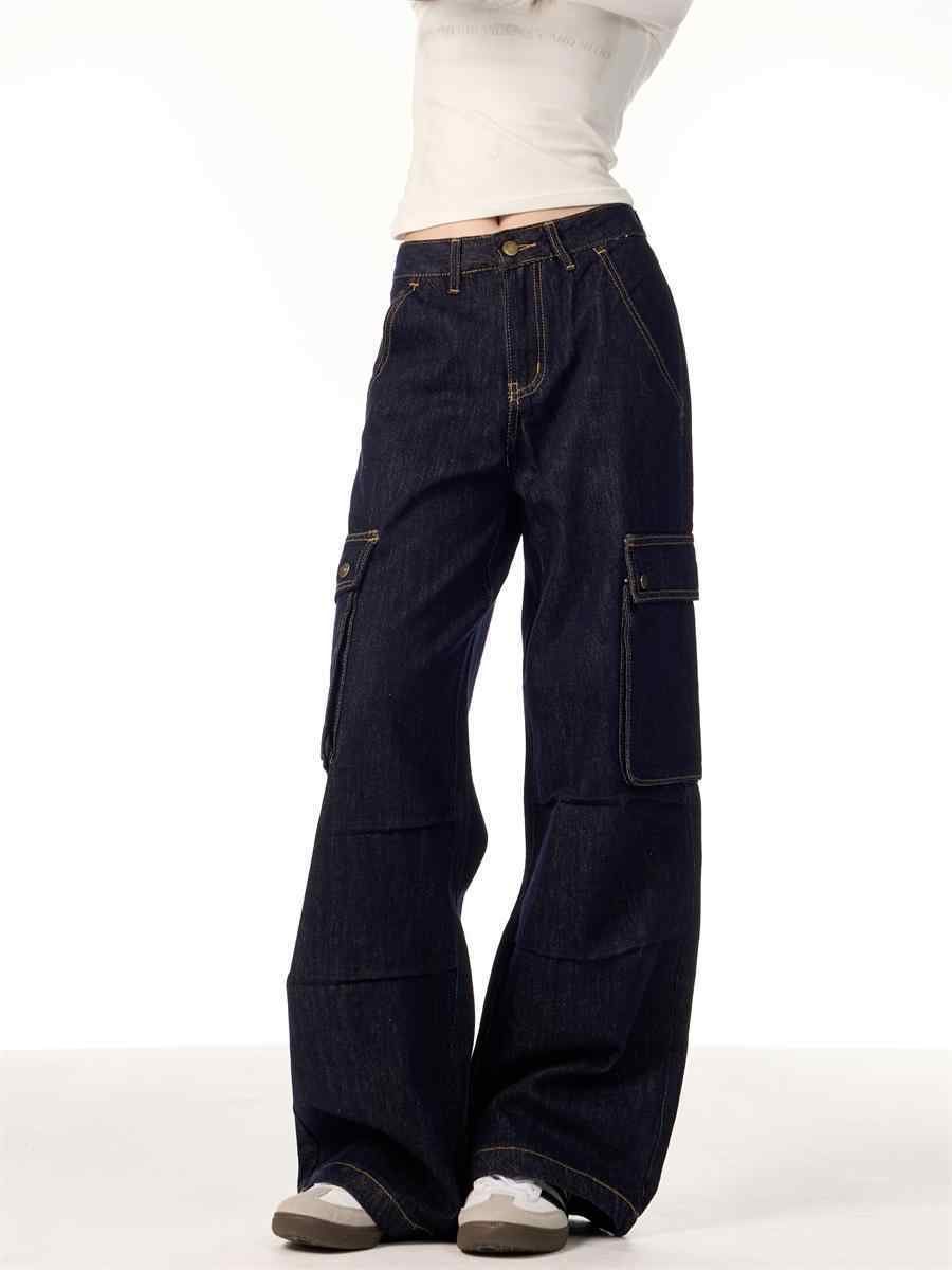 Multi-pocket Straight Cargo Jeans Women's Wide-leg Trousers