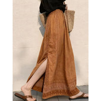 New Ethnic-style Coffee-colored Printed Half-length Skirt With A Back Slit