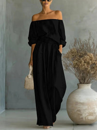 Casual Two-Piece Womens Outfit Off-Shoulder Top And Wide-Leg Pants Set