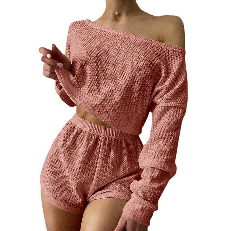 Pajamas Off-shoulder Top Shorts Breathable Waffle Casual Homewear Suit