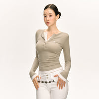Henry Collar Slim-fit Knitted False Two Pieces Long-sleeved T-shirt