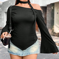 Women's Irregular Long Sleeve Short Fitted Off-Shoulder Top