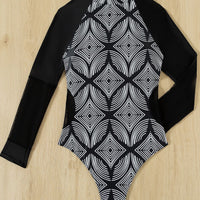 Mesh Long Sleeve Bikini Printed Zipper Diving Suit Swimsuit
