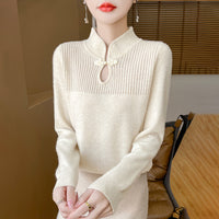 Chinese Style Retro Buckle Stand Collar Sweater For Women