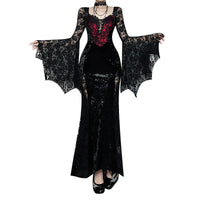 Vampire Chain Long-Sleeve Dress Subculture-Style Lace-Patchwork Maxi Dress
