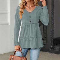 Women's Solid-color V-neck Button-panel Loose Long-sleeve Top