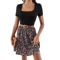 SpringSummer Printed High Waisted Fake Two Piece Short Sleeve Dress For Women