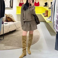 French Style Half Zipper Stitching Washed Plain Knitted Sweater High Waist Skirt Sports Suit