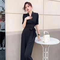 Elegant Temperament Pure Color High Waist Slimming Lace-up Wide Leg Jumpsuit