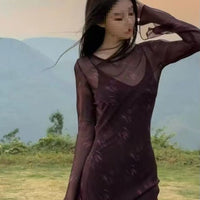Womens Purple Mesh Flared-Sleeve Floral Slip Dress