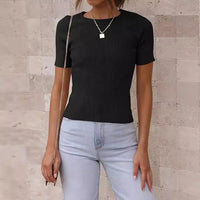 Top Hot Girl Autumn Short Sleeve Slim Round Neck Rib Milk Silk T-shirt For Women