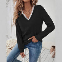 Knitted Lace V-neck Leisure Pullover Long Sleeve