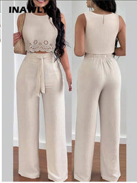 Womens Floral Off-Shoulder Sleeveless Top And Tie-Front Pants Casual Set