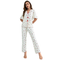 Women's Crew-Neck Cherry-Print Short-Sleeve Top And Pants Set