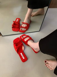 Women's Korean Style Bow Hollow Flat Slide Sandals, New 2026 Summer Design, French Square Toe Beach One-Strap Slides For Outdoor Wear