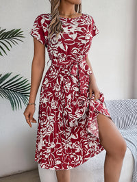Women's Elegant Floral Print Short Sleeve Flowy Pleated Dress