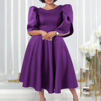 Womens Round-Neck High-Waist Full-Skirted Evening Dress