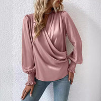 V-neck Pleated Lantern-sleeve Solid-color Blouse For Womenelegant And Professional