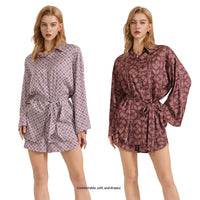 Retro-style Satin Long-sleeve Shorts Set For Women Fashionable Geometric-print Pajamas And Loungewear