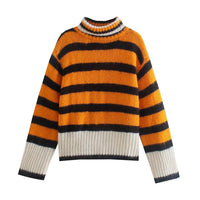 Half Turtleneck Contrast Color Striped Sweater