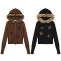 Womens Leopard-Print Star Embroidery Slimming Knitted Coat
