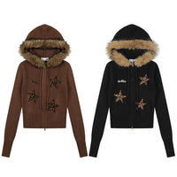 Womens Leopard-Print Star Embroidery Slimming Knitted Coat