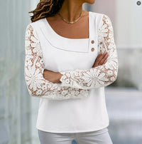 Womens Fashion Solid-Color Long-Sleeve Lace-Patchwork Shirt