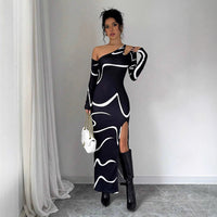 Elegant, Refined Off-shoulder Design Figure-hugging Fit Graffiti Print Asymmetric Long-sleeve Split Dress