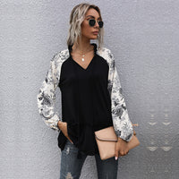 European And American Casual Top Loose-fit Patchwork Long-sleeve V-neck