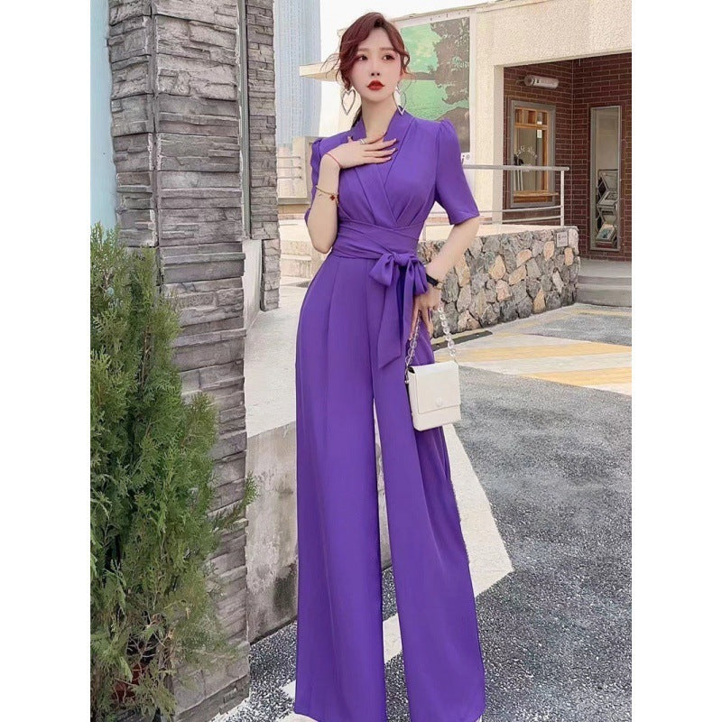 Elegant Temperament Pure Color High Waist Slimming Lace-up Wide Leg Jumpsuit