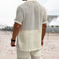 Men's Retro Cotton And Linen Stripes Henley Shirt Casual Loose Shirt Cardigan Lapel Men's Clothing