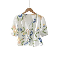 Floral V-neck Drawstring Ruffled Hem Top