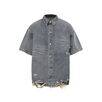 Cut Edge Stitching Leopard Print Denim Short Sleeve
