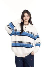 American-style Vintage Stripe Lapel Half Zipper Sweater