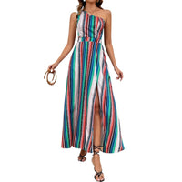 Womens Striped Printed One-Shoulder Slit Thigh-Length Dress